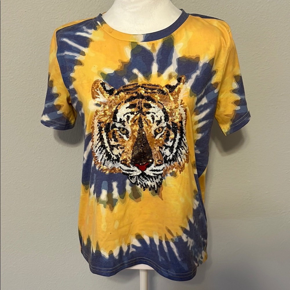 Tiger Graphic Tie-Dye Tee - Yellow and Blue
